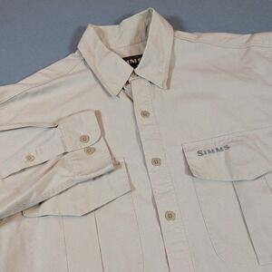 Simms Button Up Fishing Shirt Mens Size Medium Long Sleeve Tan Outdoor‎ Utility